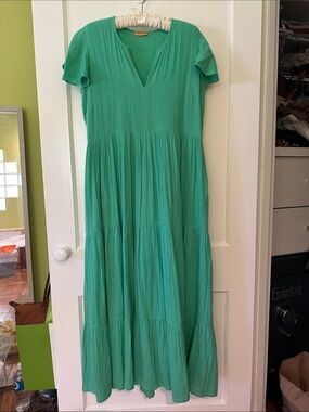 Oliphant Sea Green Gauze Tiered V-Neck Maxi Dress Medium EUC
